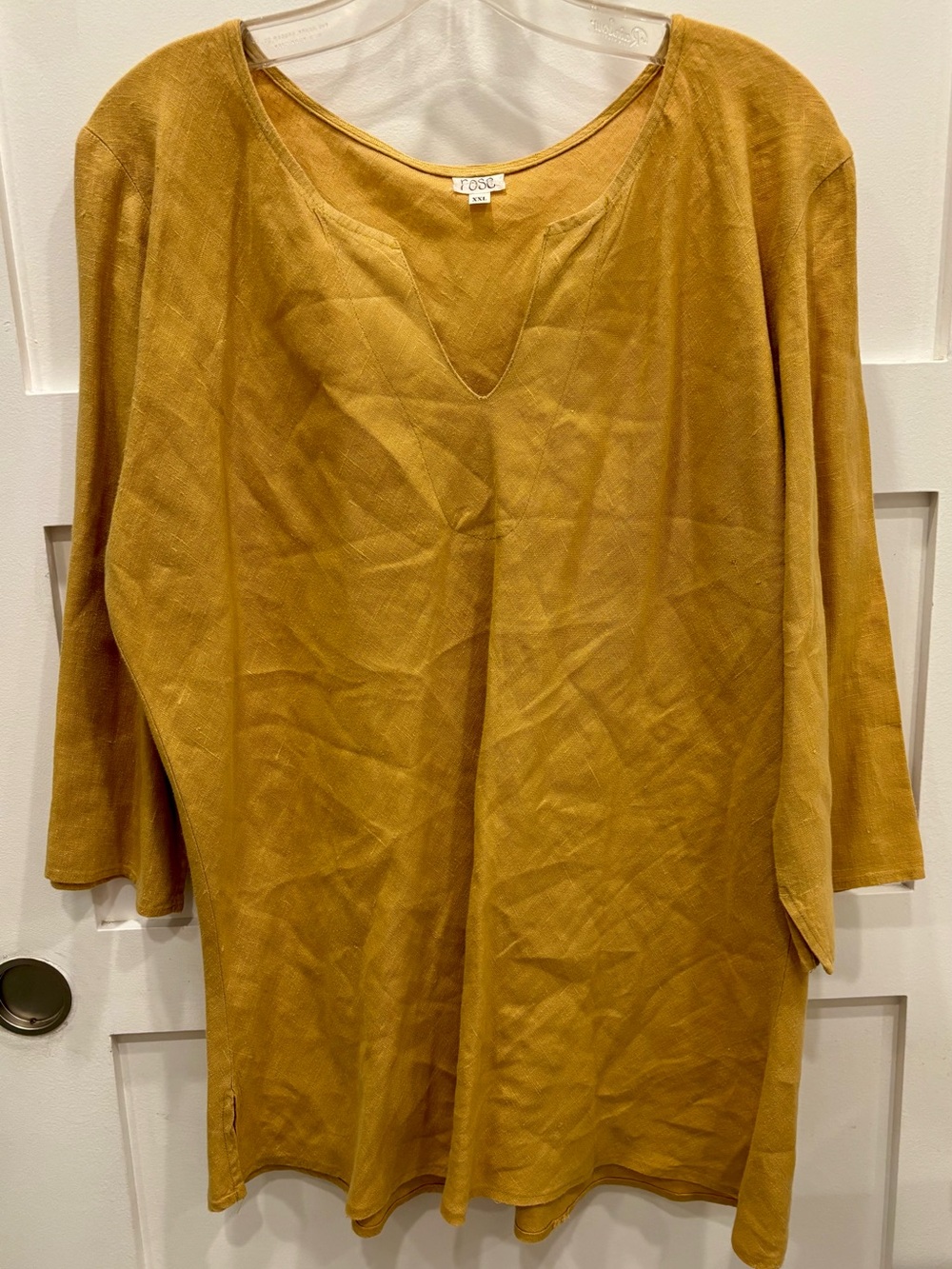 Women's V-Neck Relaxed Tunic in Mustard Bias Cut 100% Linen